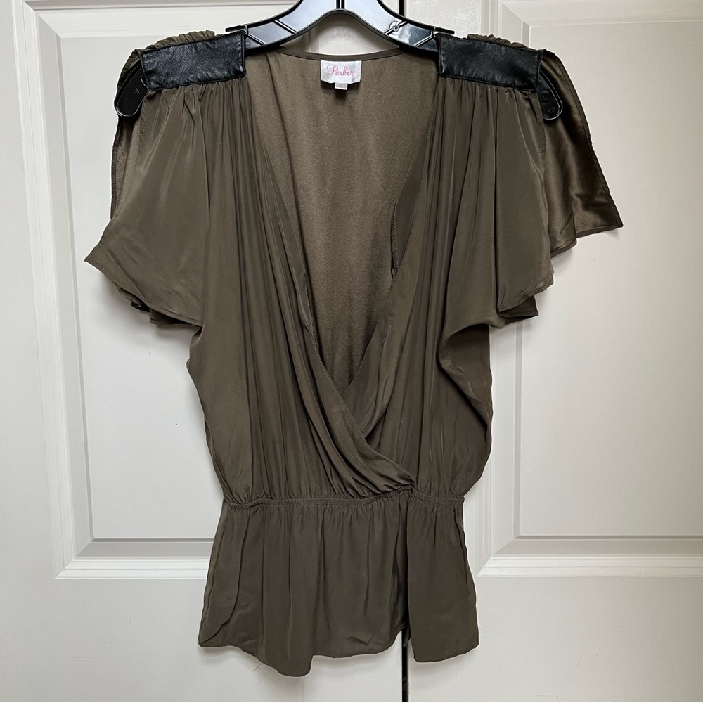 Parker 100% Silk Olive Green Faux Leather Peplum
